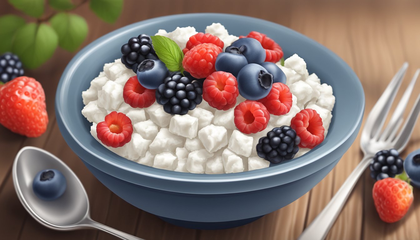 A bowl of cottage cheese topped with fresh berries on a wooden table