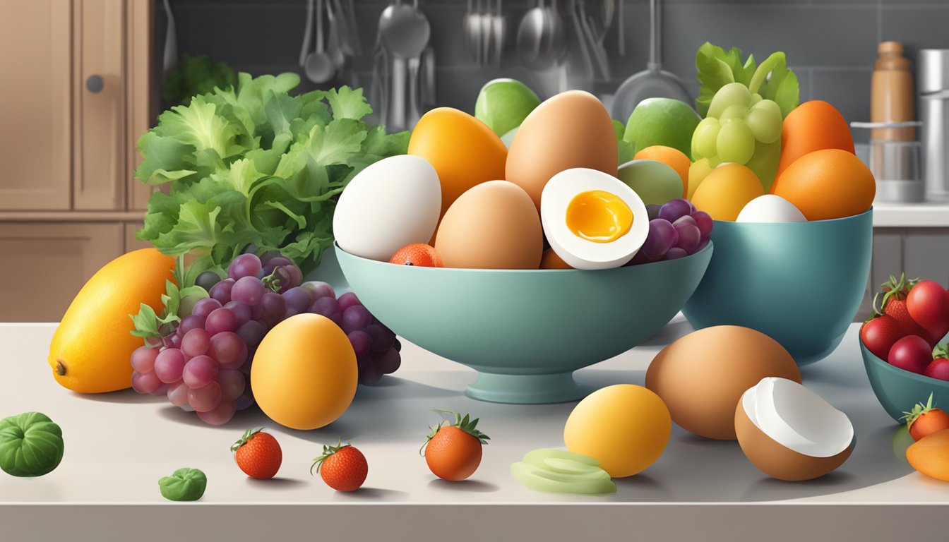 A bowl of eggs surrounded by colorful fruits and vegetables on a kitchen counter