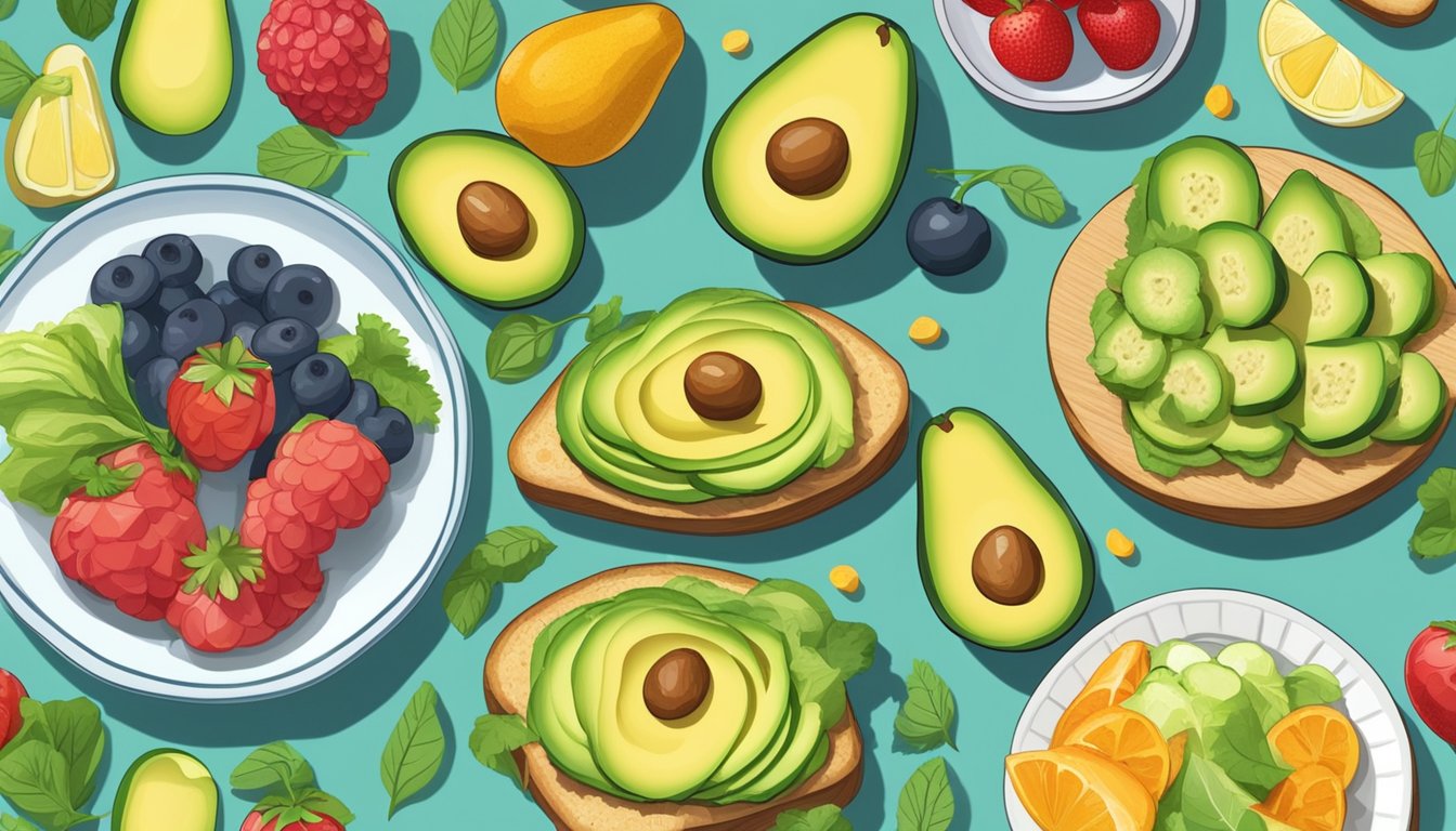 A plate of avocado toast surrounded by colorful fruits and vegetables on a child-friendly table setting