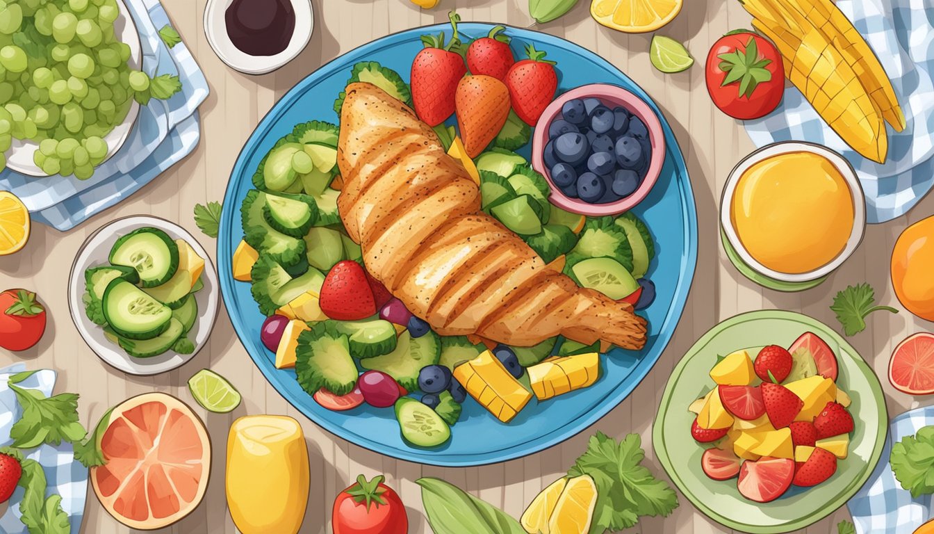 Grilled chicken strips surrounded by colorful fruits and vegetables on a child-friendly plate