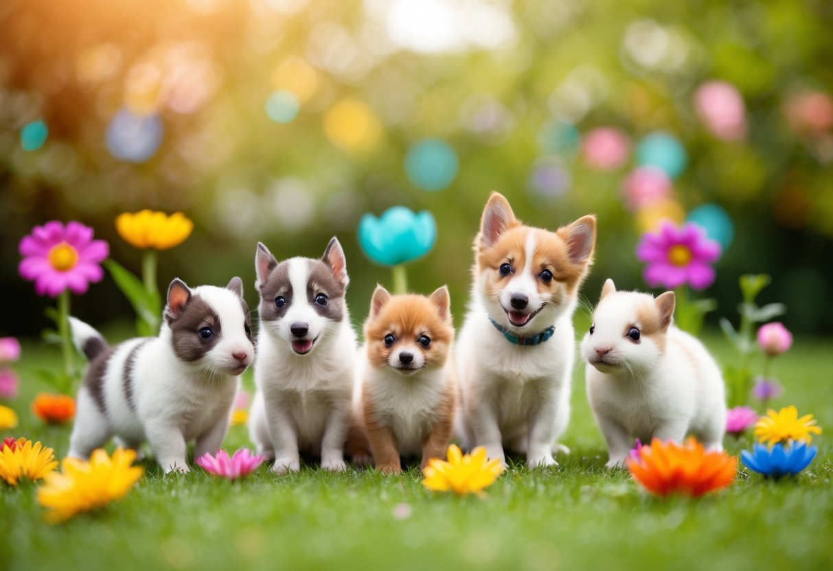 A group of adorable animals surrounded by colorful flowers and playful elements, creating a charming and engaging scene