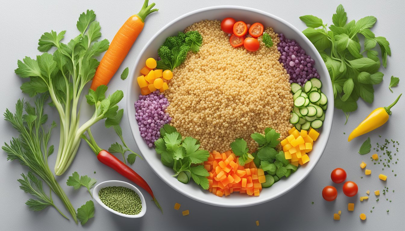 A bowl of quinoa with colorful vegetables and a side of lean protein, surrounded by fresh herbs and a glass of water