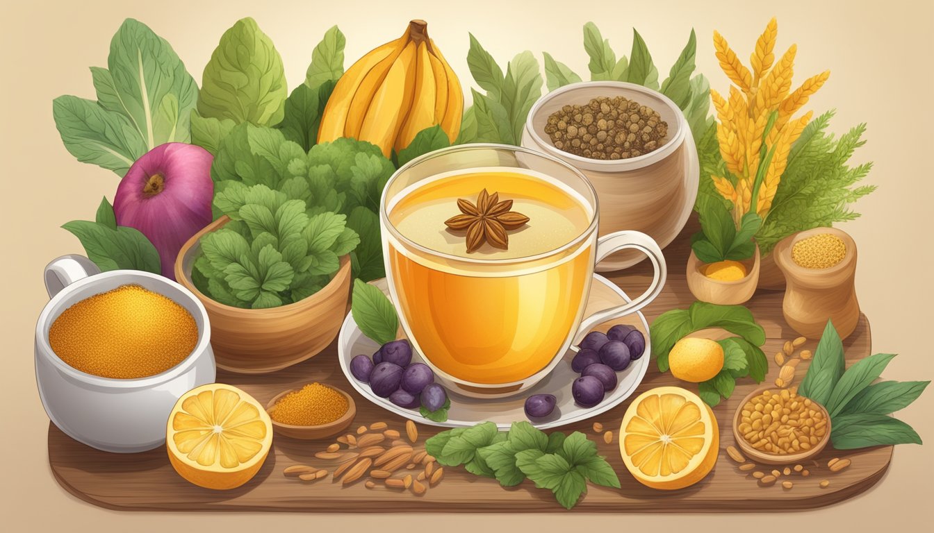 A steaming cup of turmeric tea surrounded by healing foods like fruits, vegetables, and whole grains on a wooden table