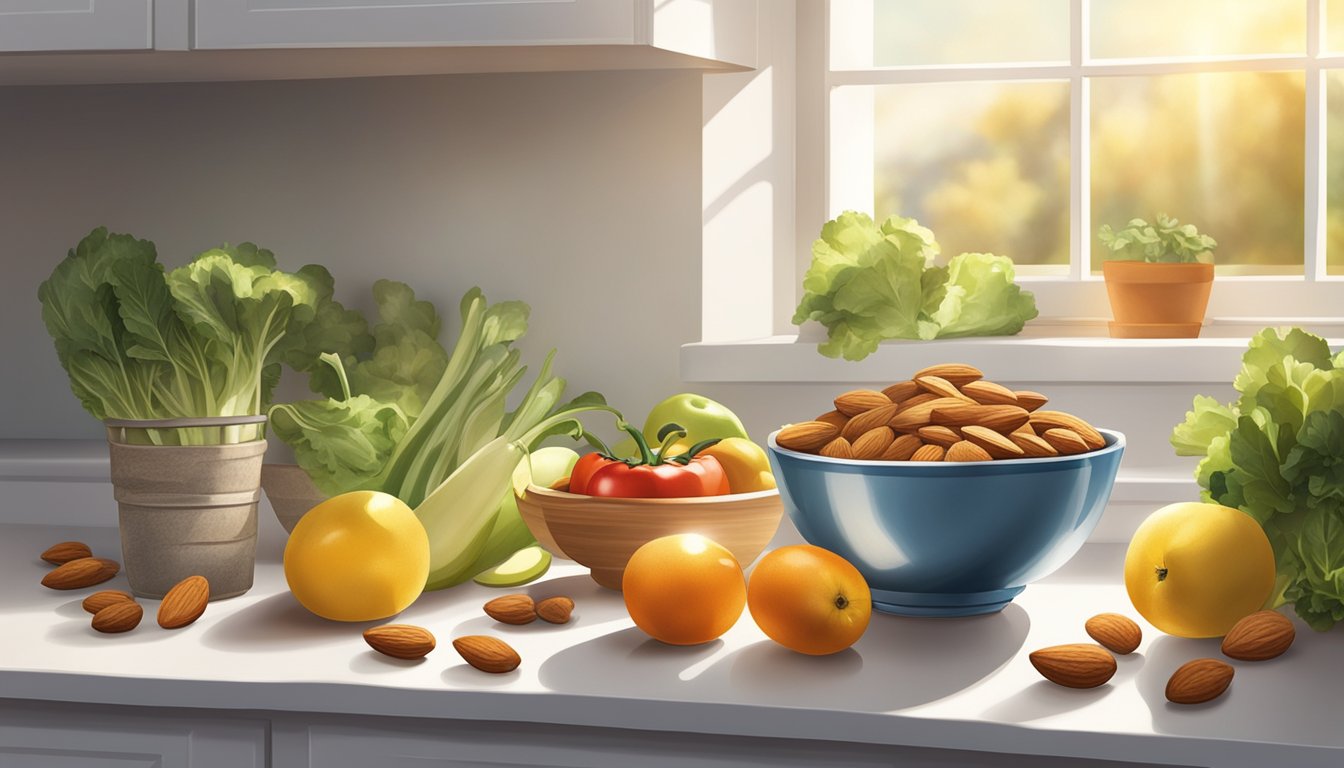 A bowl of almonds, surrounded by fresh fruits and vegetables, sits on a clean, white kitchen counter. Sunshine streams through a nearby window, casting a warm glow on the nutritious spread