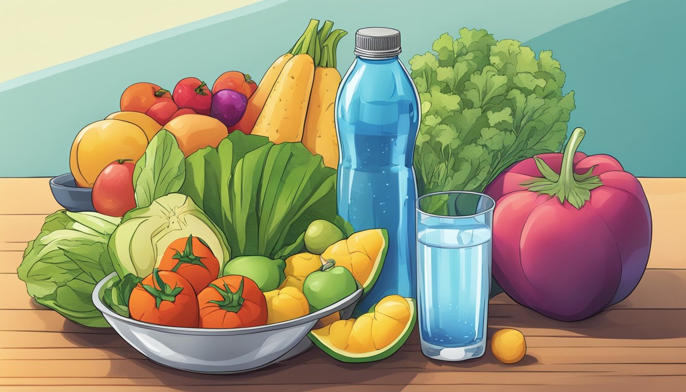 A colorful array of fresh fruits and vegetables, a water bottle, and a glass of water on a table