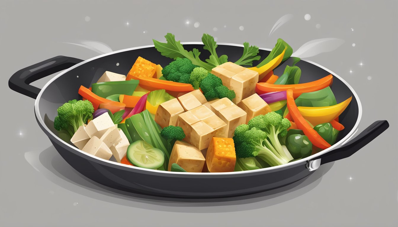 A sizzling stir-fry pan filled with colorful vegetables and cubes of tofu, steaming and ready to be served for a midweek family dinner