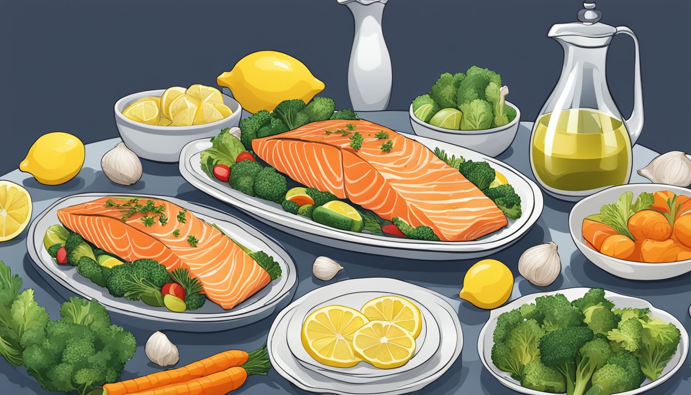 A platter of Lemon Garlic Salmon surrounded by colorful vegetables on a dining table