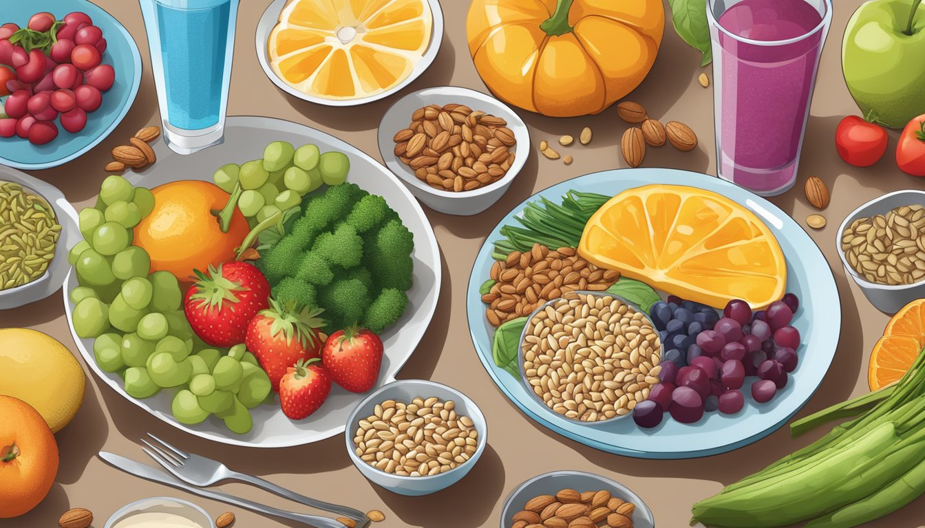 A colorful array of fruits, vegetables, lean proteins, and whole grains arranged on a table, with a glass of water and a plate of nuts and seeds