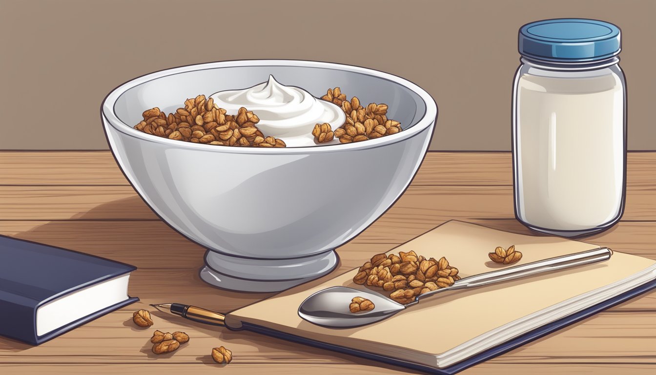 A bowl of Greek yogurt topped with granola, surrounded by a notebook and pen on a desk