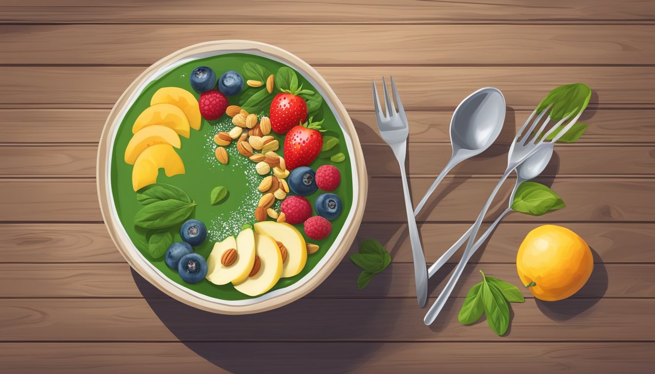 A vibrant smoothie bowl filled with spinach, topped with colorful fruits and nuts, sitting on a wooden table