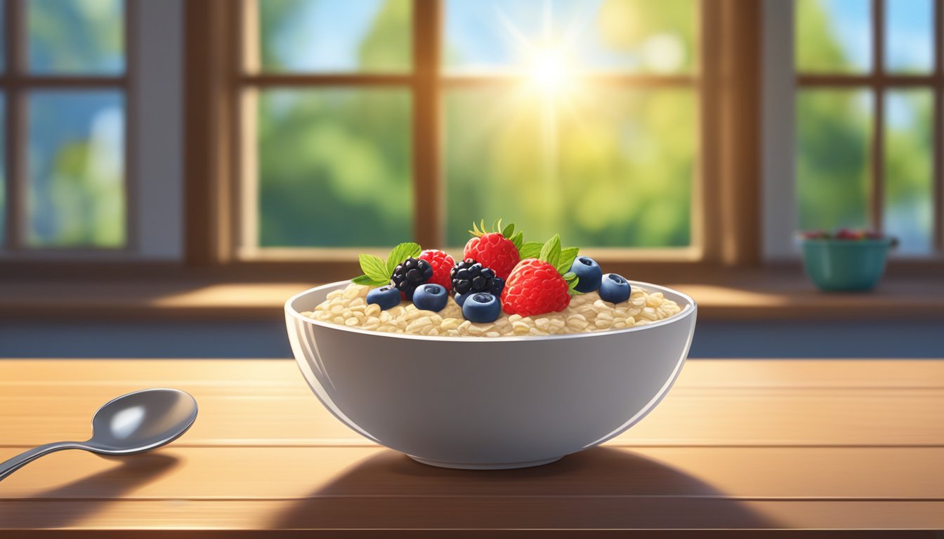 A bowl of oatmeal topped with fresh berries sits on a wooden table. Sunlight streams in through a nearby window, casting a warm glow on the nutritious and quick student meal