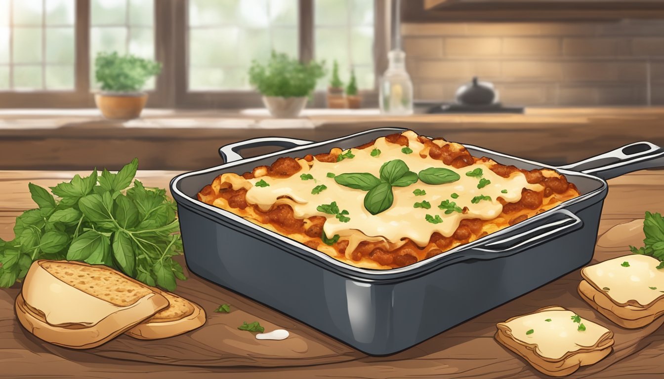 A bubbling hot pan of classic lasagna, surrounded by fresh herbs and a rustic loaf of bread on a wooden dinner table