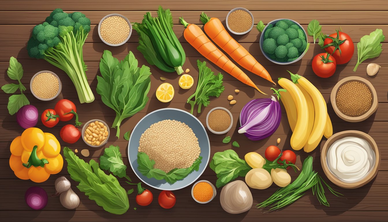 A colorful array of fresh vegetables, lean proteins, and whole grains arranged on a wooden dining table