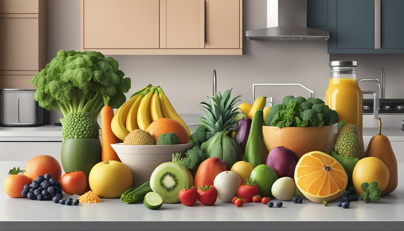 A colorful array of fresh fruits, vegetables, whole grains, and lean proteins arranged on a clean, modern kitchen counter