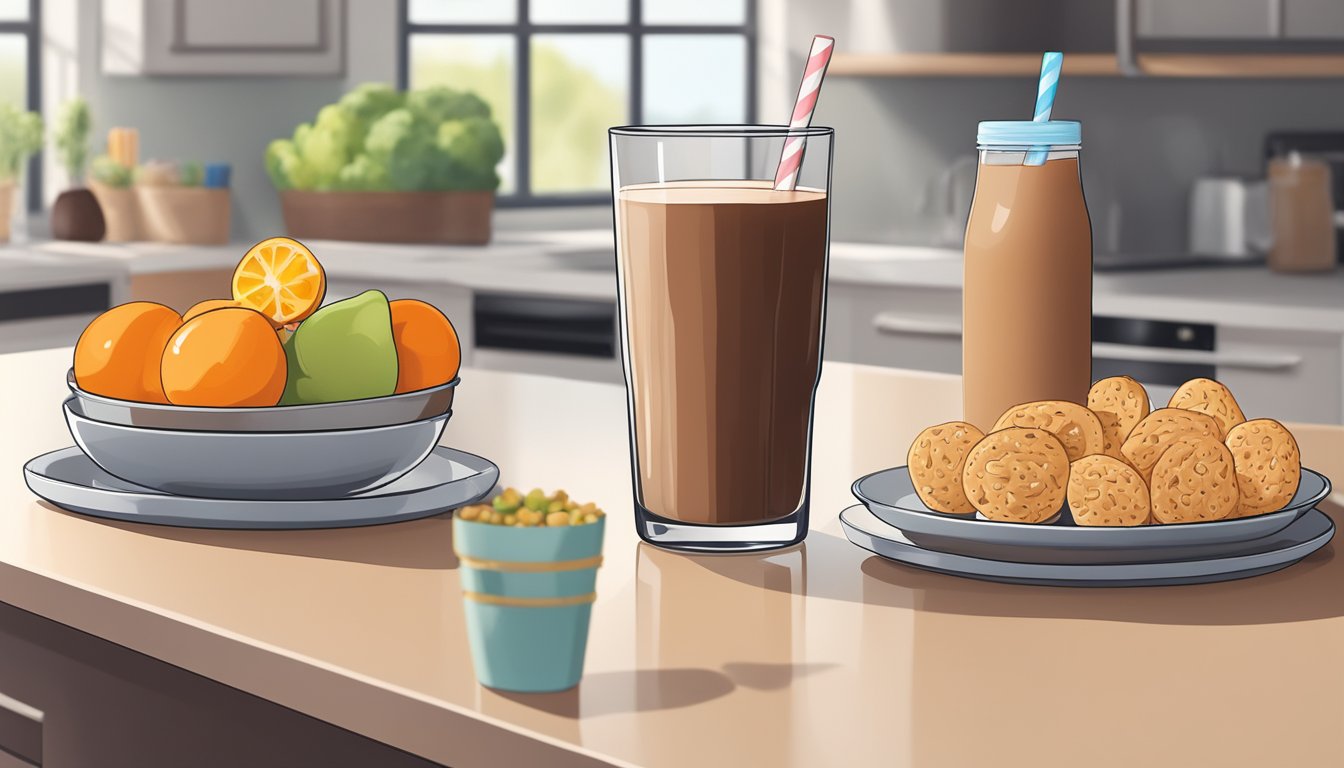 A tall glass of chocolate milk sits next to a plate of healthy snacks on a kitchen counter, with a basketball and water bottle in the background