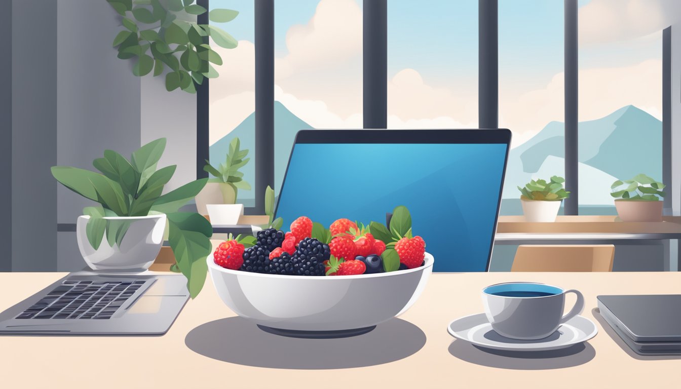 A bowl of Greek yogurt topped with fresh berries sits on a clean, modern desk next to a sleek laptop and a glass of water