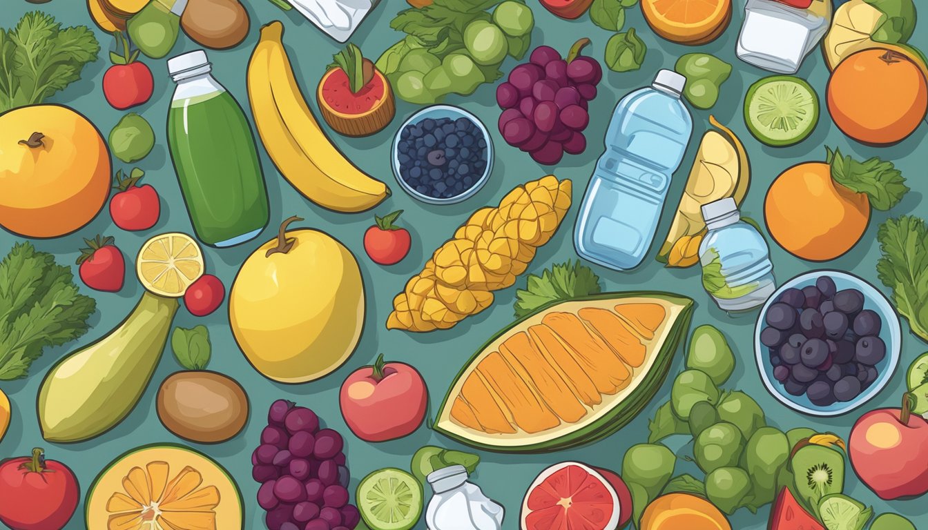 A colorful array of fresh fruits, vegetables, whole grains, and lean proteins arranged neatly on a desk, with a bottle of water and a reusable container