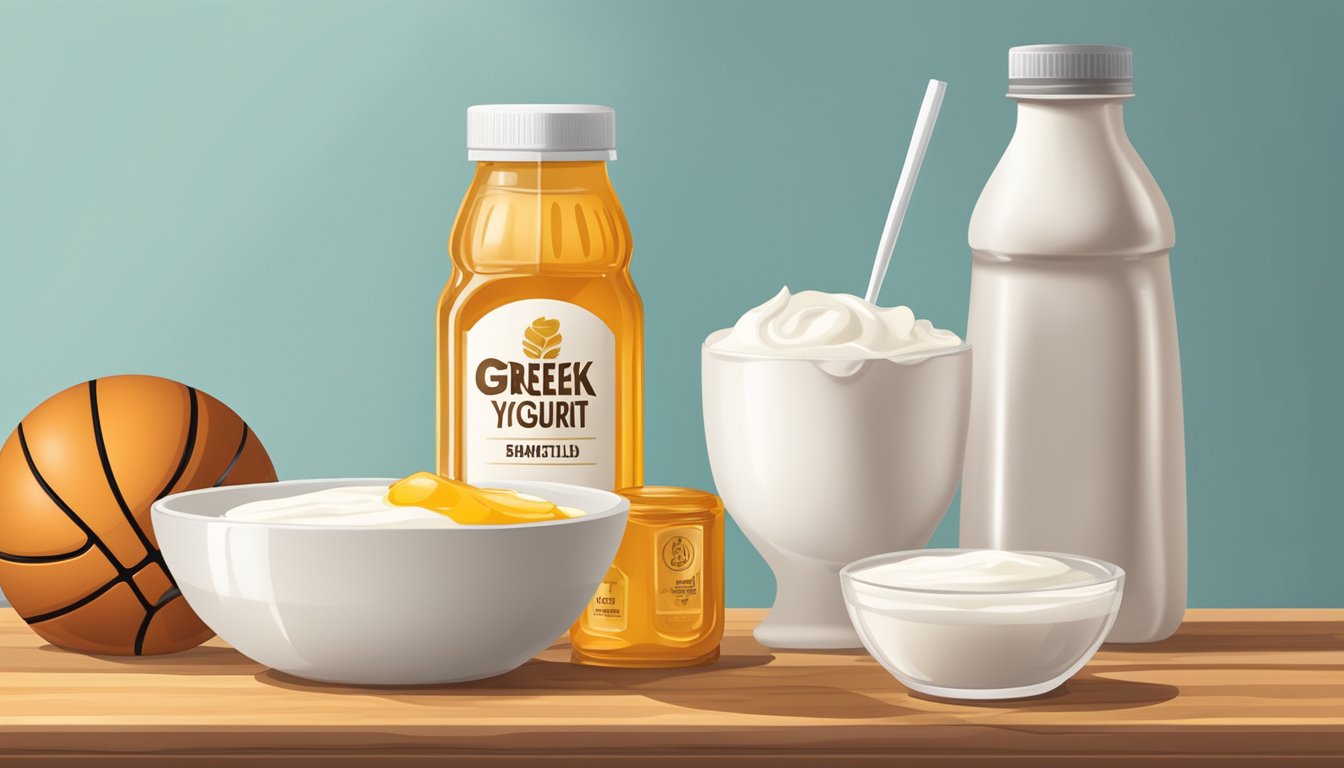 A bowl of Greek yogurt drizzled with honey sits on a wooden table next to a basketball and water bottle