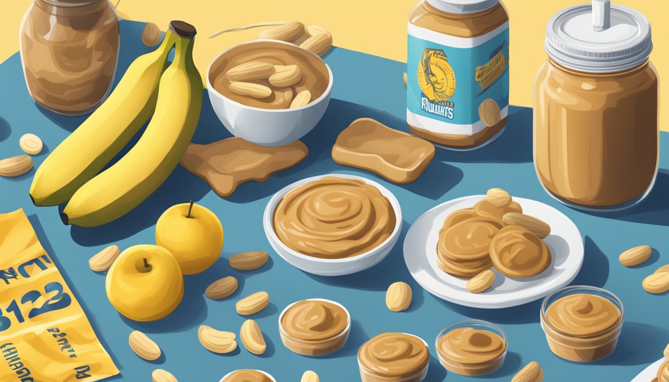 A table set with a bunch of ripe bananas and a jar of peanut butter, surrounded by running shoes and a marathon bib