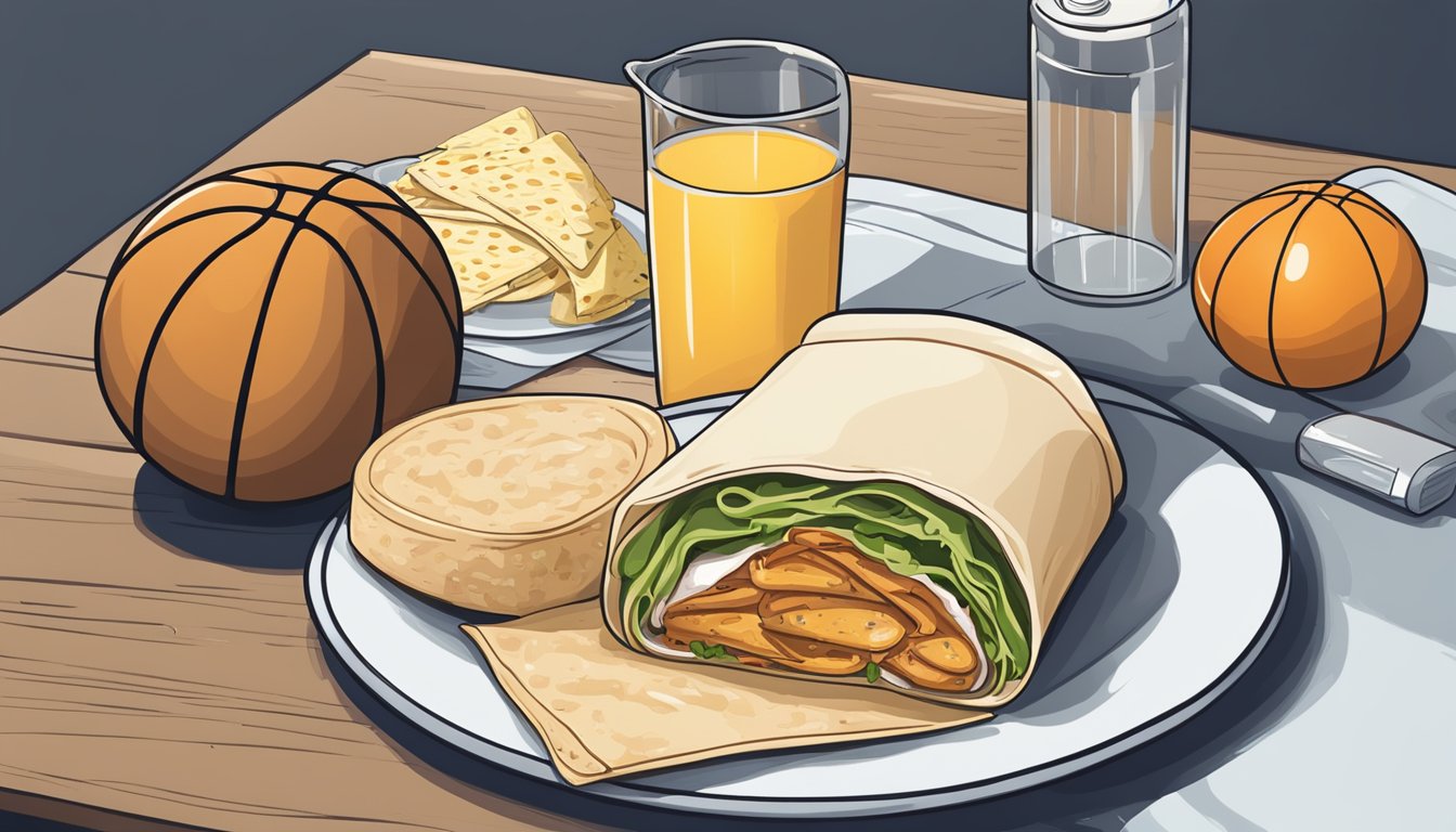 A turkey and cheese wrap sits on a plate next to a water bottle and a basketball, ready for a post-game snack