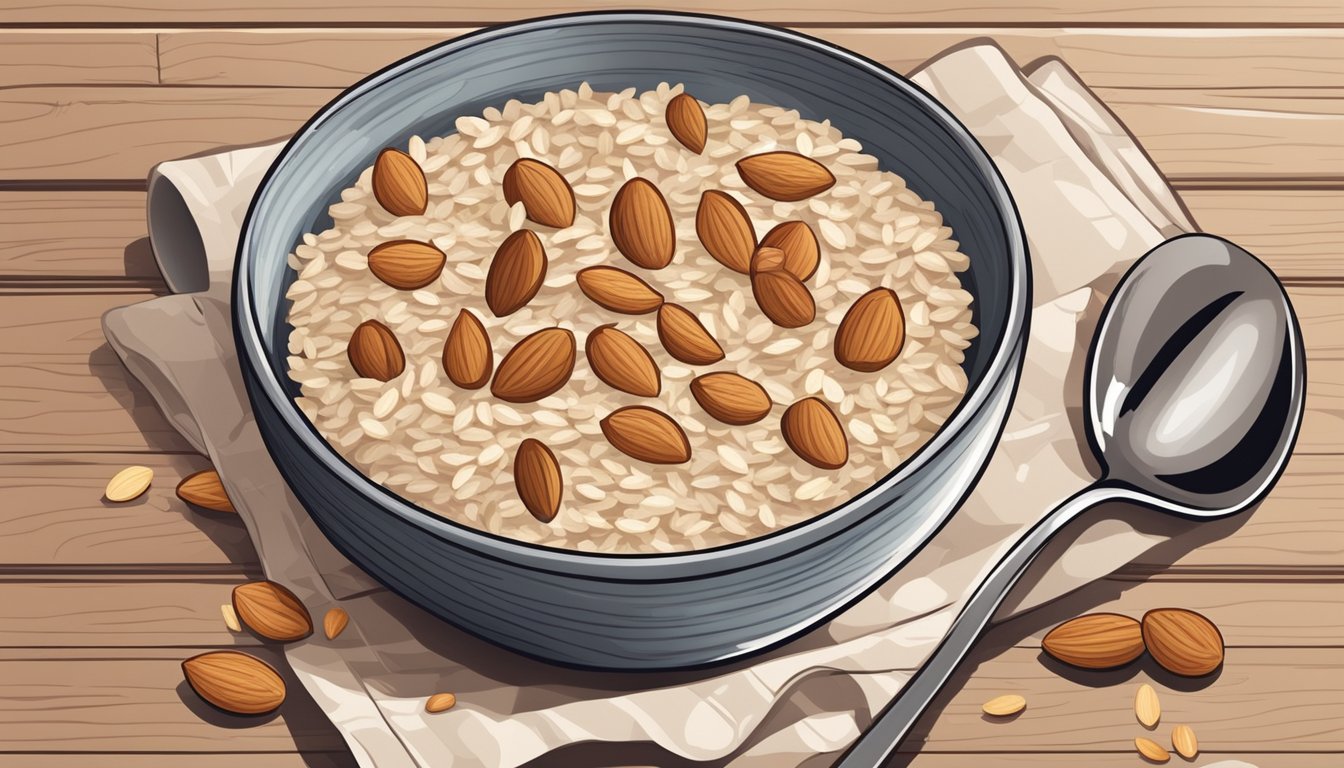 A bowl of oatmeal with scattered almonds, set on a wooden table with a spoon beside it