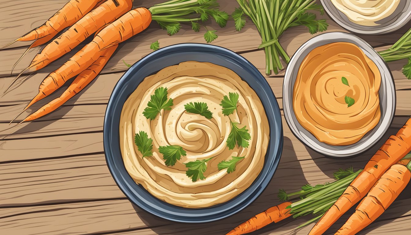 A bowl of hummus surrounded by carrot sticks on a wooden table