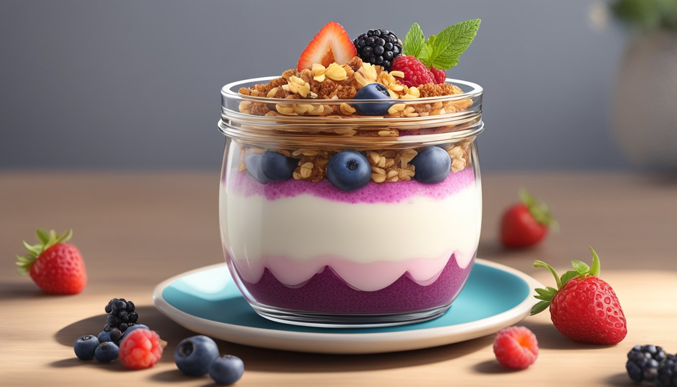 A colorful parfait glass filled with layers of quinoa, yogurt, and mixed berries, topped with a sprinkle of granola and a drizzle of honey