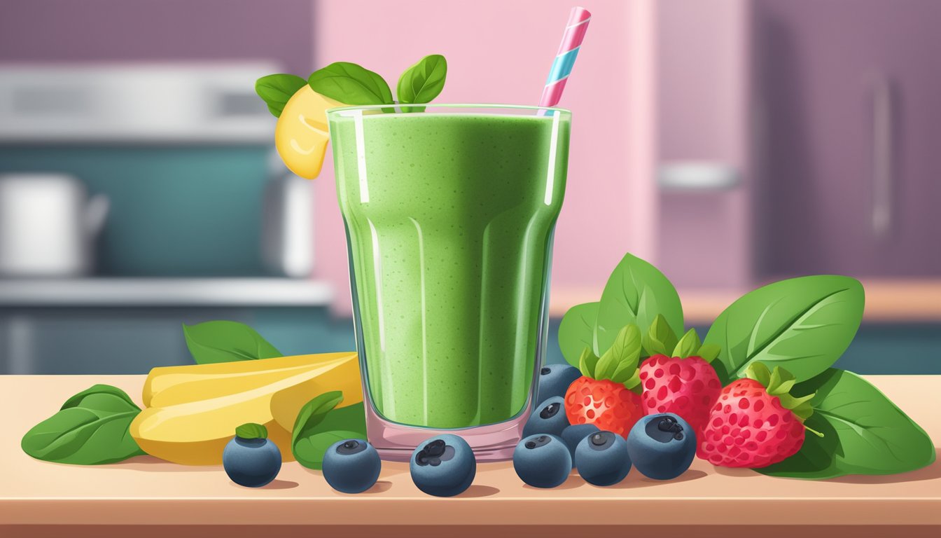 A colorful protein smoothie surrounded by fresh spinach leaves and assorted berries on a kitchen counter