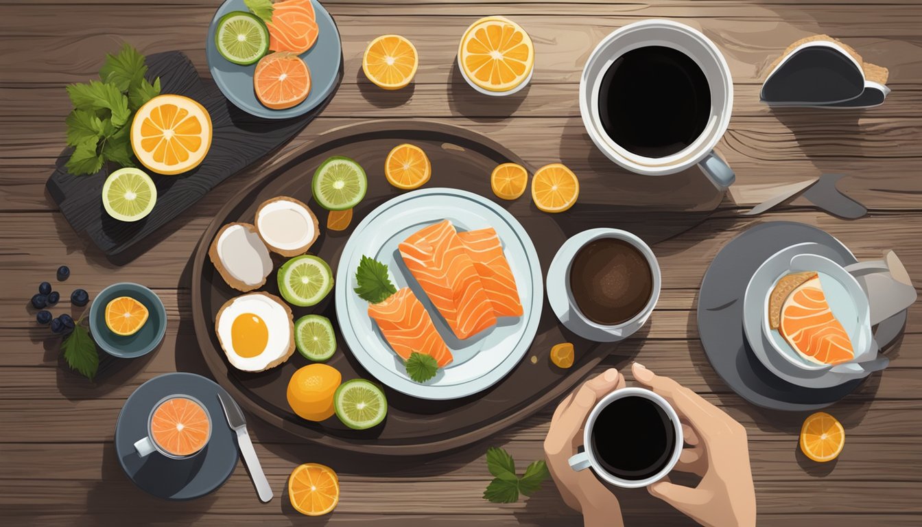 A plate of smoked salmon on rye with a side of fresh fruit and a steaming cup of coffee, set on a rustic wooden table