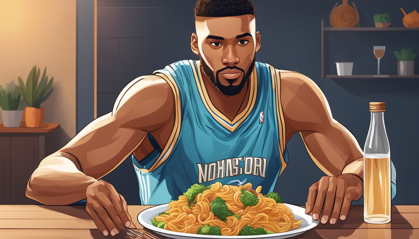 A basketball player sitting at a table with a plate of whole grain pasta, grilled chicken, vegetables, and a glass of water