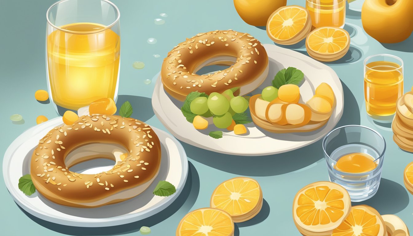 A table set with a plate of bagels drizzled with honey, surrounded by sliced fruit and a glass of water