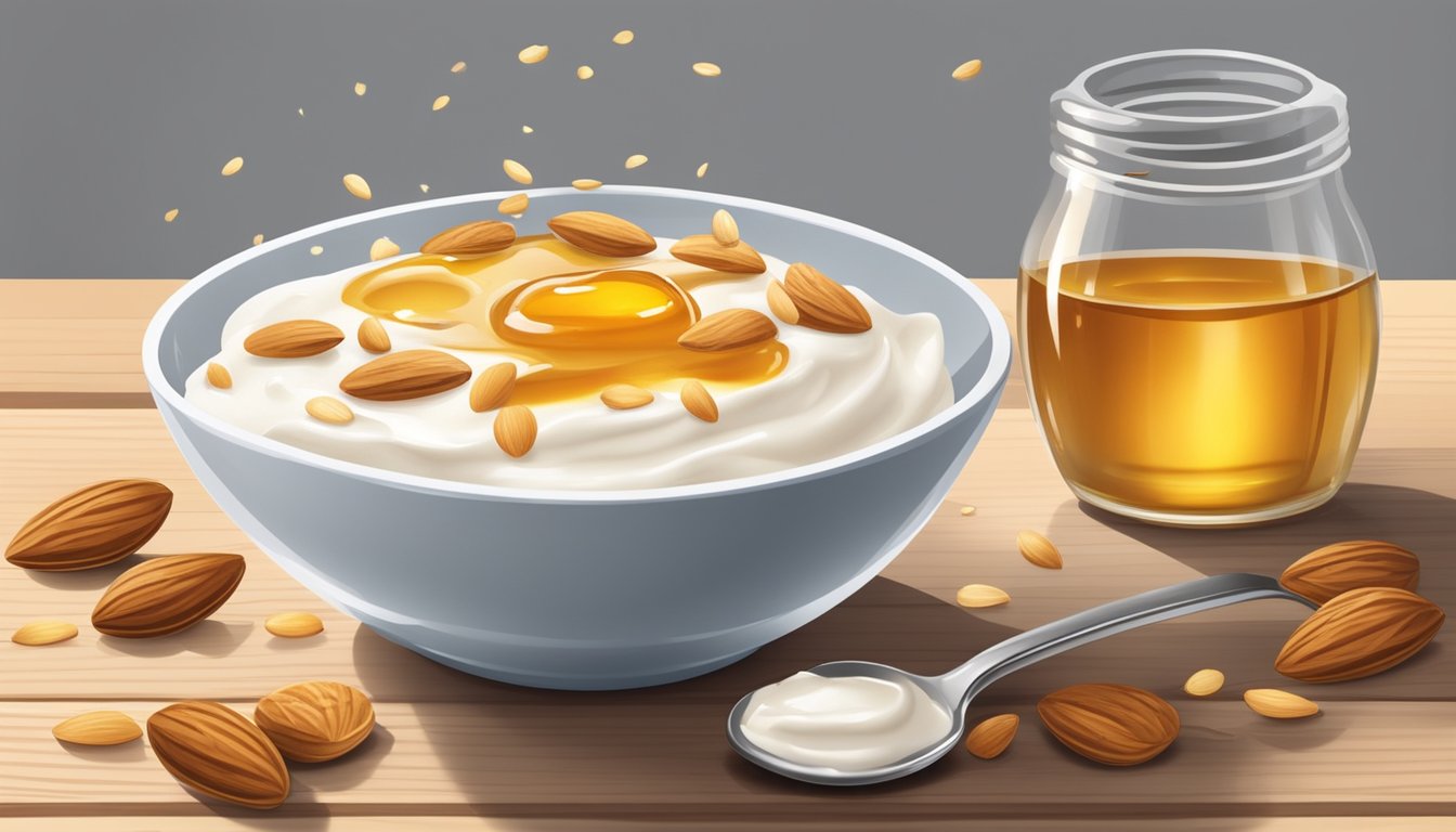 A bowl of Greek yogurt topped with drizzled honey and scattered almonds on a wooden table