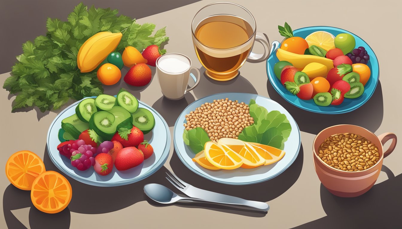 A table set with a colorful array of fruits, vegetables, whole grains, and lean proteins, with a glass of water and a mug of herbal tea