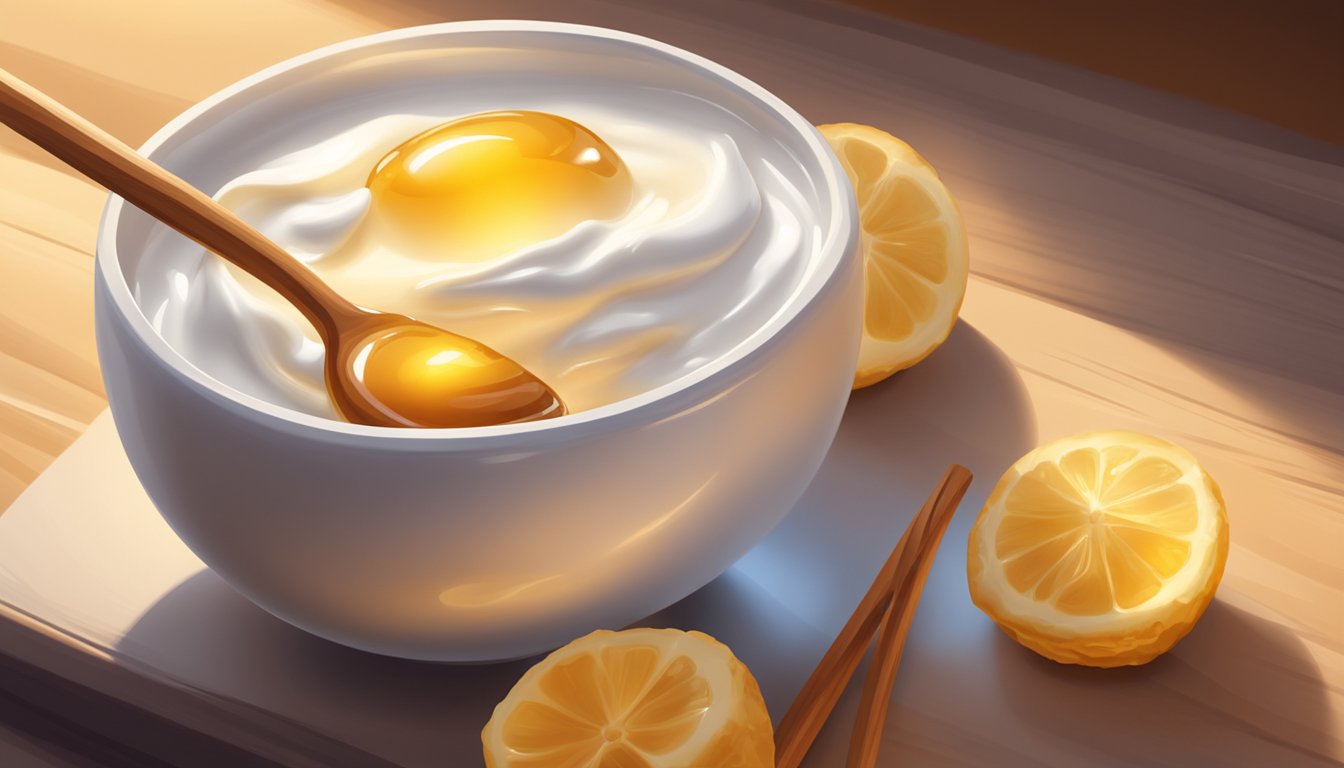 A bowl of Greek yogurt with a drizzle of honey sits on a wooden table, surrounded by a warm, soft glow from a nearby lamp