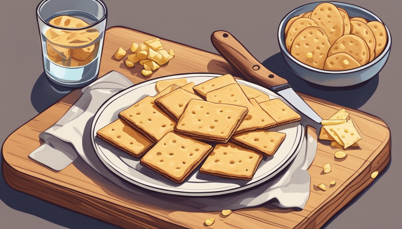 A plate of whole grain crackers topped with slices of cheese on a wooden cutting board, accompanied by a small knife and a glass of water, set on a cozy kitchen counter