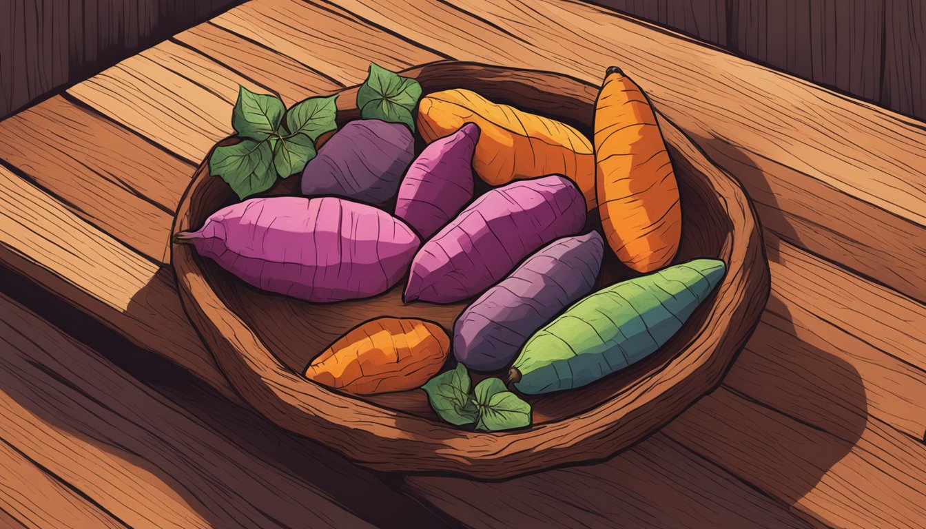 A colorful array of sweet potatoes arranged on a rustic wooden table, with natural light streaming in from a nearby window