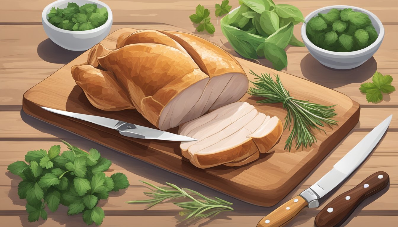 Sliced turkey breast arranged on a wooden cutting board with a sprig of fresh herbs and a small knife nearby