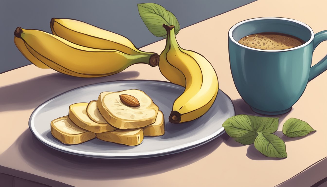 A banana sliced and topped with almond butter on a plate, next to a warm cup of herbal tea on a cozy nightstand