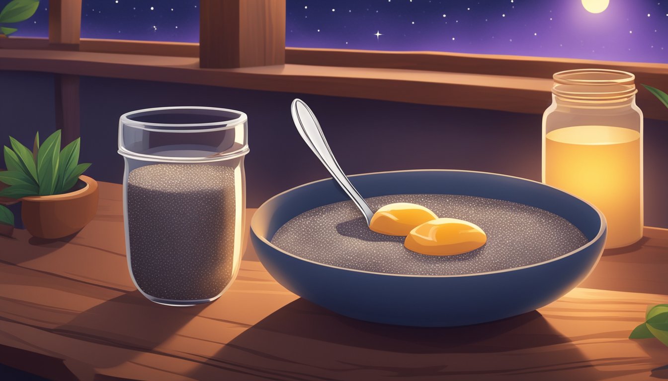 A bowl of chia pudding on a wooden table with a small spoon beside it, surrounded by a warm, cozy nighttime setting