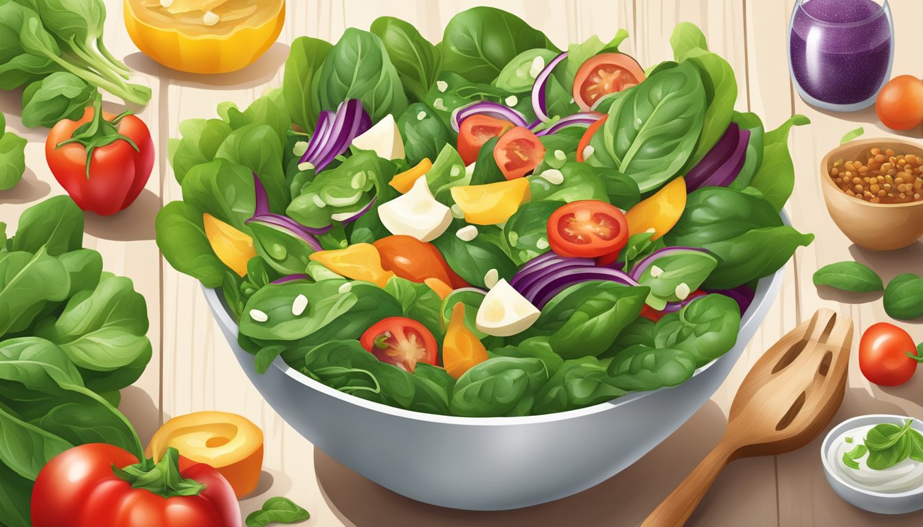 A vibrant salad bowl overflowing with fresh spinach, colorful vegetables, and nutritious toppings