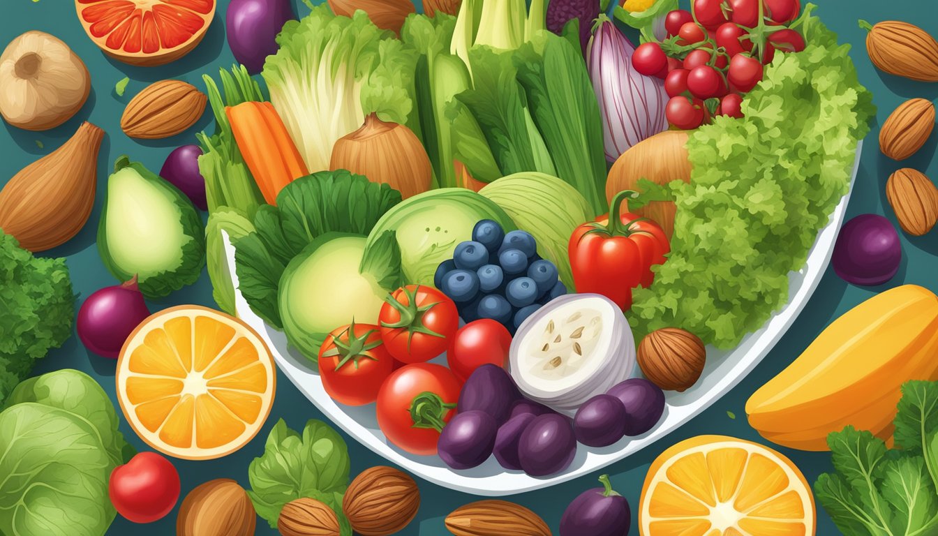 A colorful array of fresh vegetables, fruits, nuts, and seeds arranged in a vibrant salad bowl, showcasing the variety of nutritious ingredients for a healthy and satisfying meal