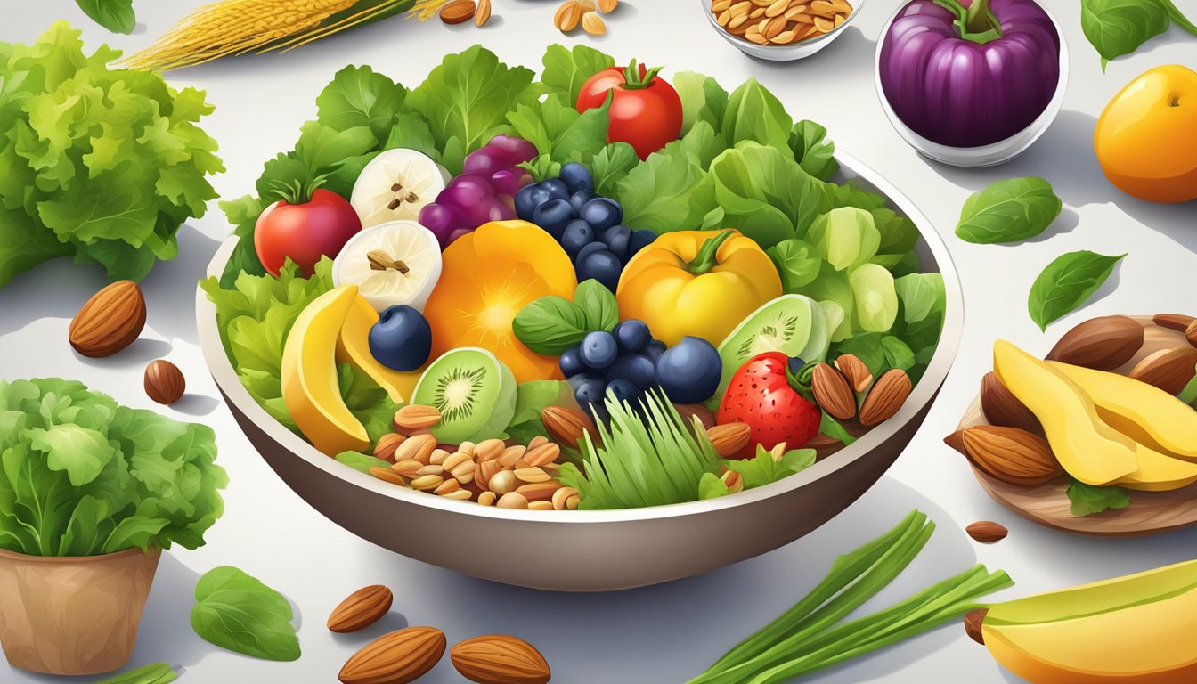 A colorful salad bowl with a variety of fresh vegetables, fruits, nuts, and grains, creating a visually appealing and balanced mix of flavors and textures