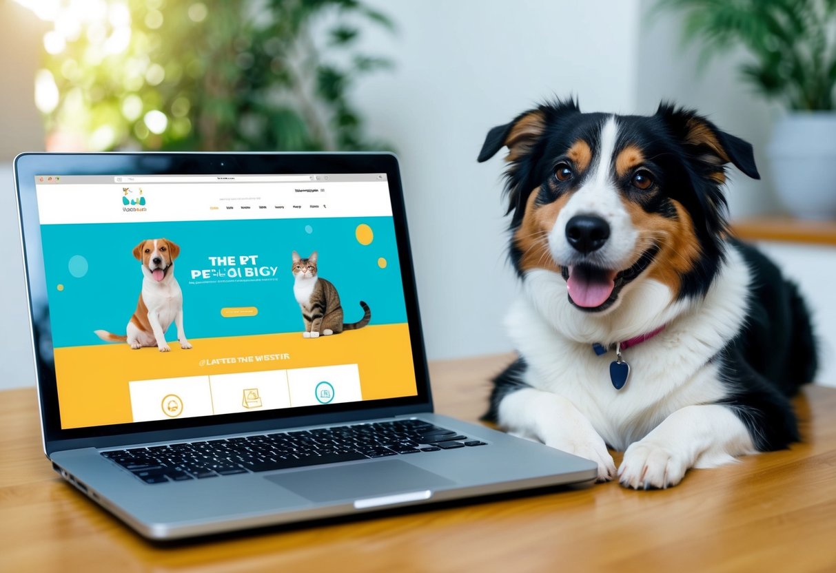 A happy dog and cat sit beside a laptop displaying a pet-friendly website. The site features colorful graphics and easy navigation