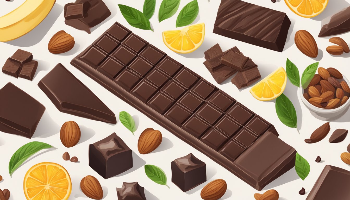 A bar of dark chocolate surrounded by various foods and ingredients known to combat PMS symptoms, such as nuts, fruits, and herbs