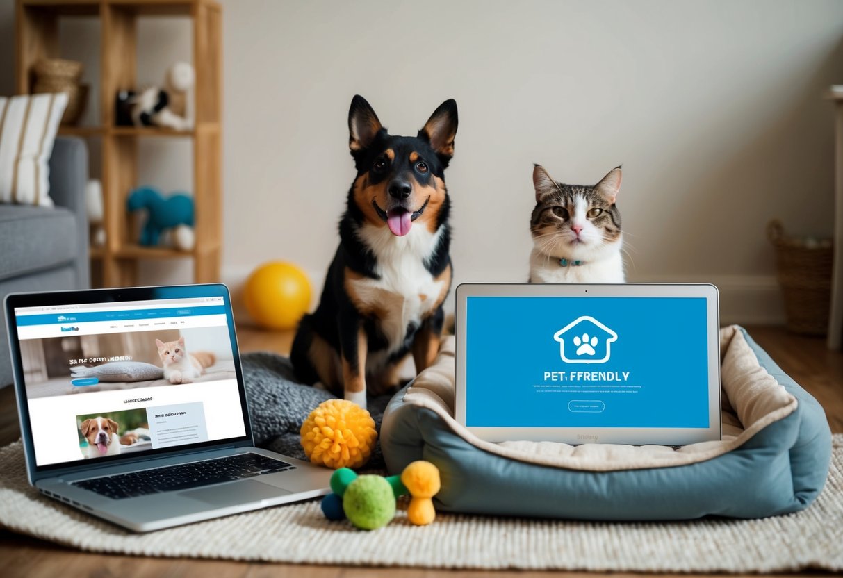 A playful dog and a content cat sit side by side, surrounded by pet toys and a cozy bed, while a laptop displaying a pet-friendly website is open nearby