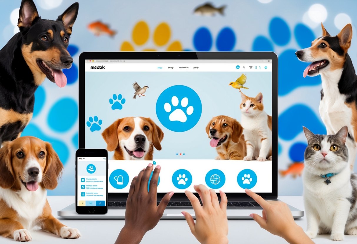 A variety of pets (dogs, cats, birds, fish) interacting with a user-friendly website interface, featuring paw prints, pet-related icons, and easy navigation