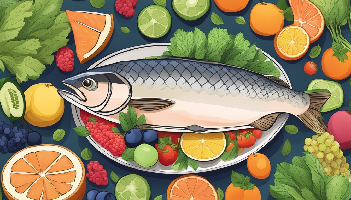 A plate of salmon surrounded by colorful fruits and vegetables, with a serene and calming background