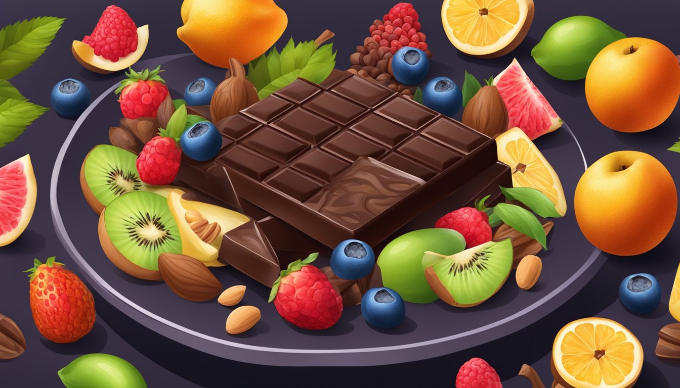 A plate of dark chocolate surrounded by colorful fruits and nuts