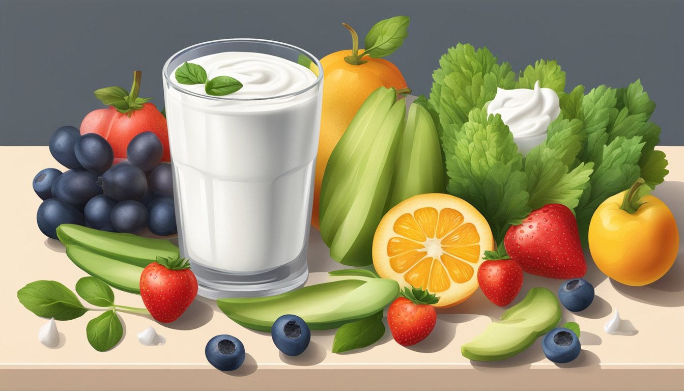 A glass filled with Greek yogurt, surrounded by colorful fruits and vegetables, set on a kitchen counter