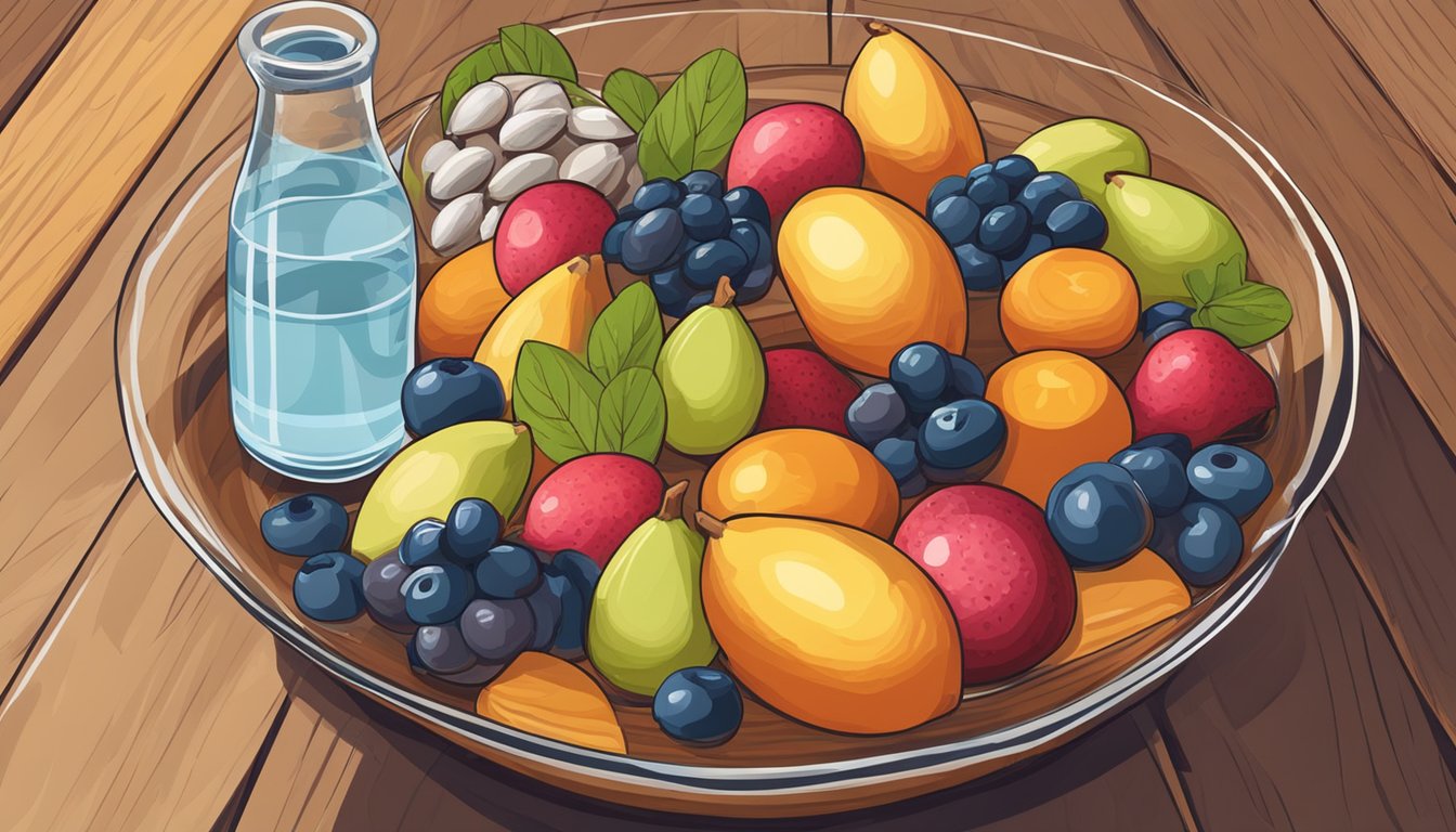 A bowl of almonds surrounded by colorful fruits and a glass of water on a wooden table